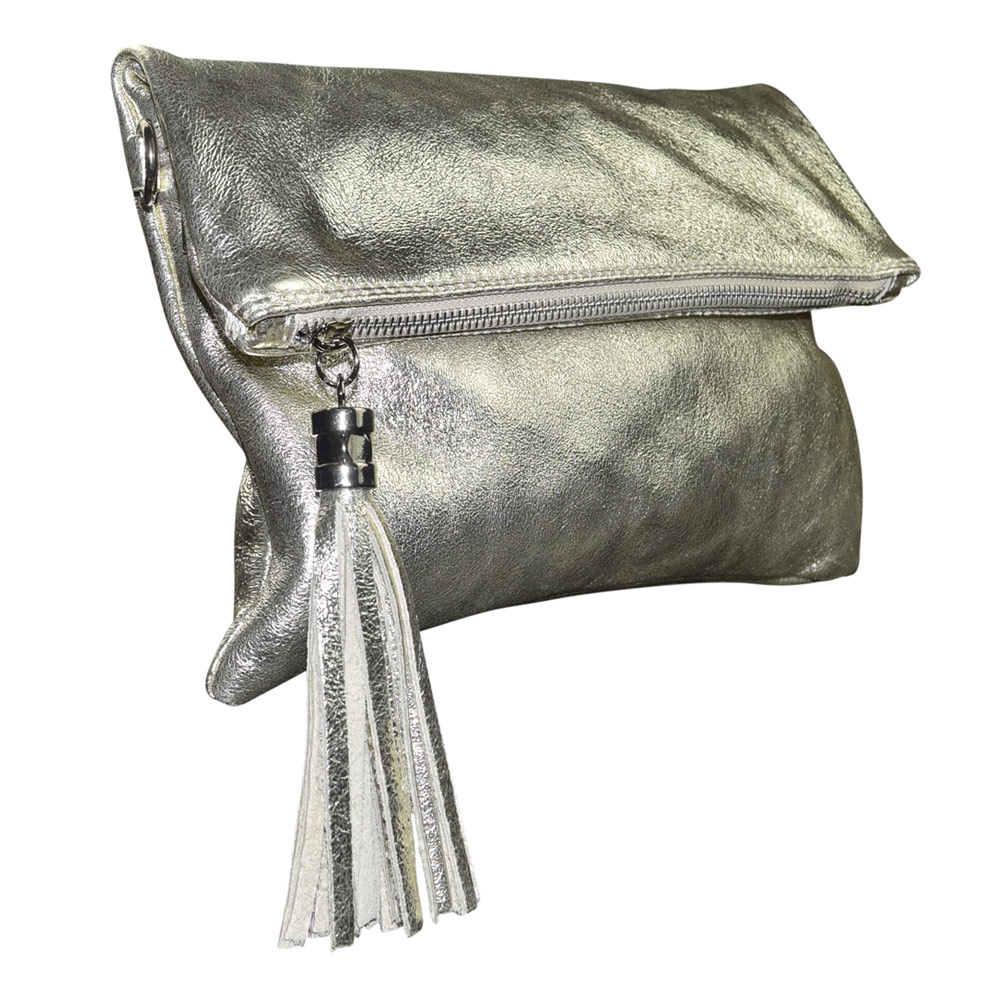 ladies soft leather metallic gold tassel clutch bag